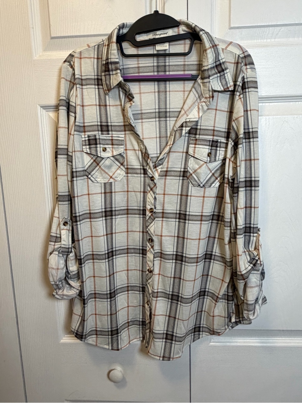 Passport Plaid Button Front Roll Tab Sleeve Shirt XL Beige Black Orange